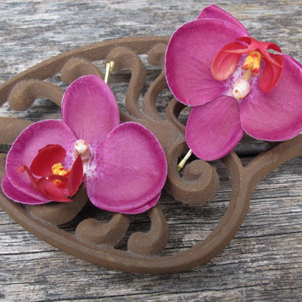 Hawaiian  WINE Orchids SET OF 2 bobby pin flowers-hair clips - Weddings -