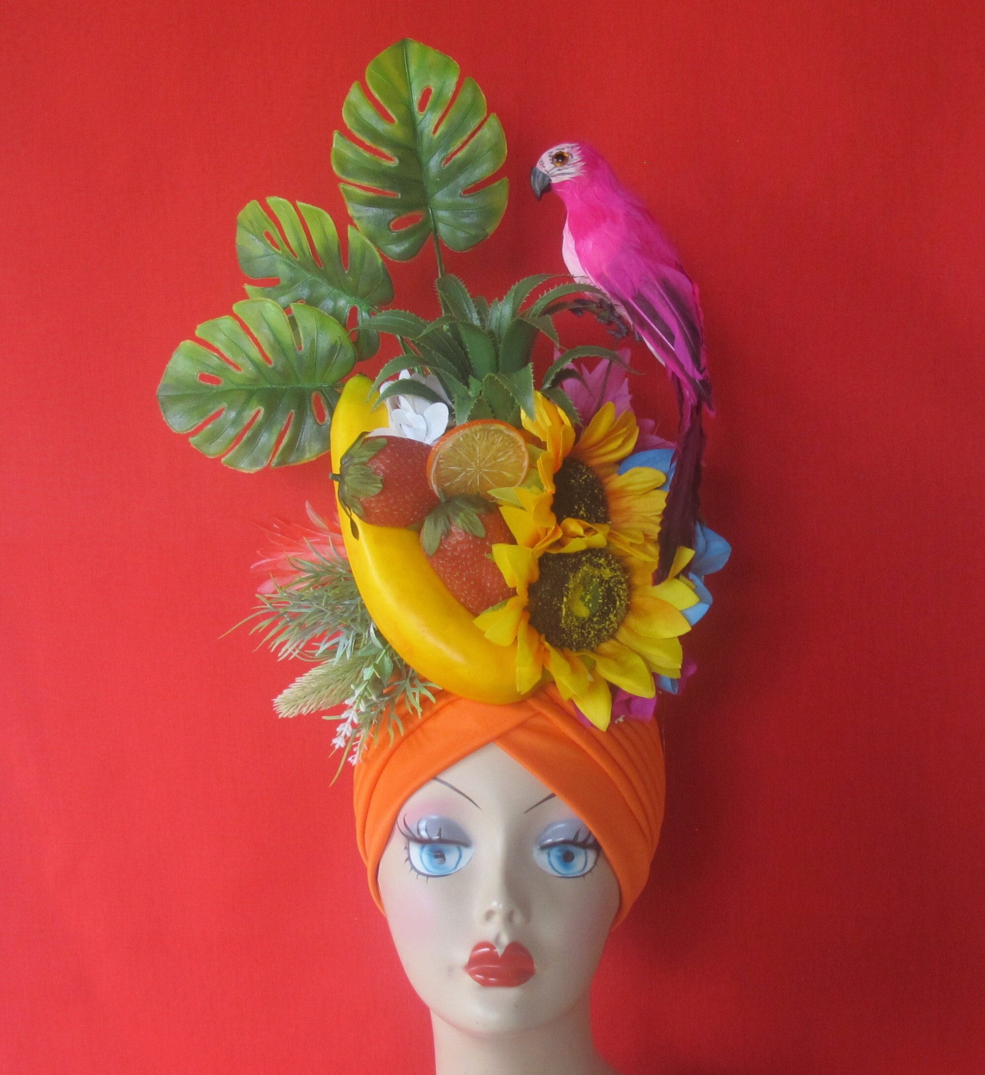 Tropical Fruits Parrot ORANGE TURBAN Carmen Miranda Style  display picture 1