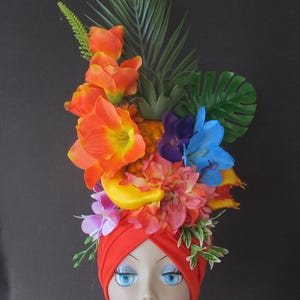 Tropical fruits RED TURBAN Carmen Miranda style, headdress,tropical, carnival