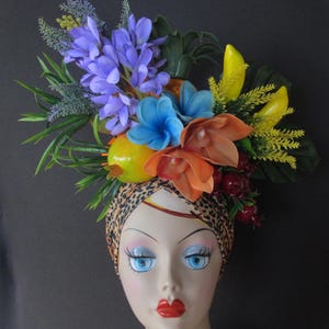Tropical fruits LEOPARD PRINT TURBAN Carmen Miranda style, headdress,tropical, carnival