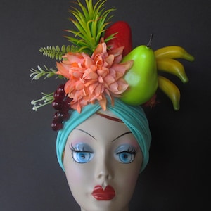Fruits tropicaux TURBAN Bébés 18-24 mois AQUA BLUE style Carmen Miranda, tropical, séance de photos
