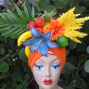 ORANGE TURBAN Tropical Fruits with BLUE lily Carmen Miranda style adult and girls sizes