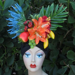 Tropical Fruits BLACK TURBAN with  orange lilIies Carmen Miranda style adults and girls size