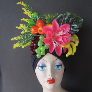 BLACK TURBAN Tropical Fruits Carmen Miranda style adult and children sizes