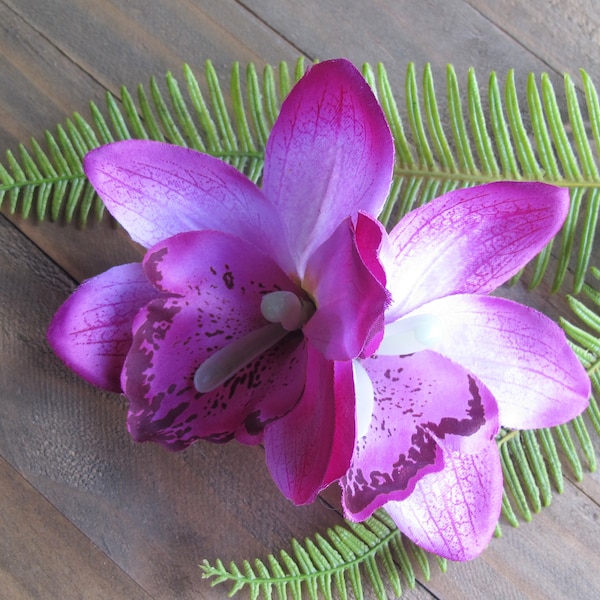 Hawaiian  PURPLE double Orchids hair flower clip - weddings-