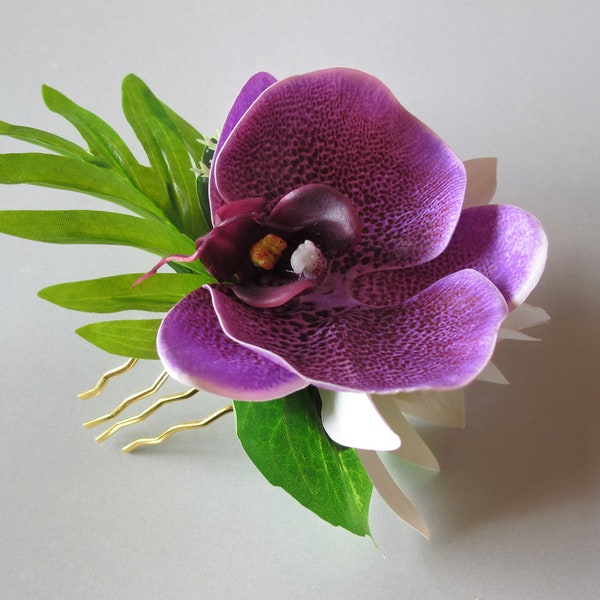 Hawaiian Tropical  PURPLE and  WHITE  Orchids  hair comb Wedding,Bridal Hair piece, clip, Beach, Fascinator