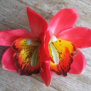 Hawaiian  LIGHT RED double Orchids hair flower clip - weddings-