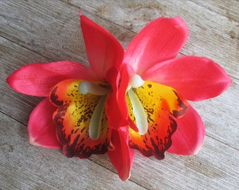 Hawaiian  LIGHT RED double Orchids hair flower clip - weddings-