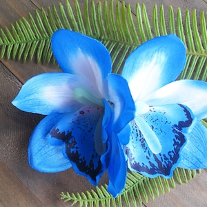 Hawaiian  tuquoise White double Orchids hair flower clip - weddings-