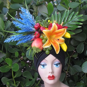 Tropical Fruits BLACK TURBAN with  orange lily Carmen Miranda style adults and girls size