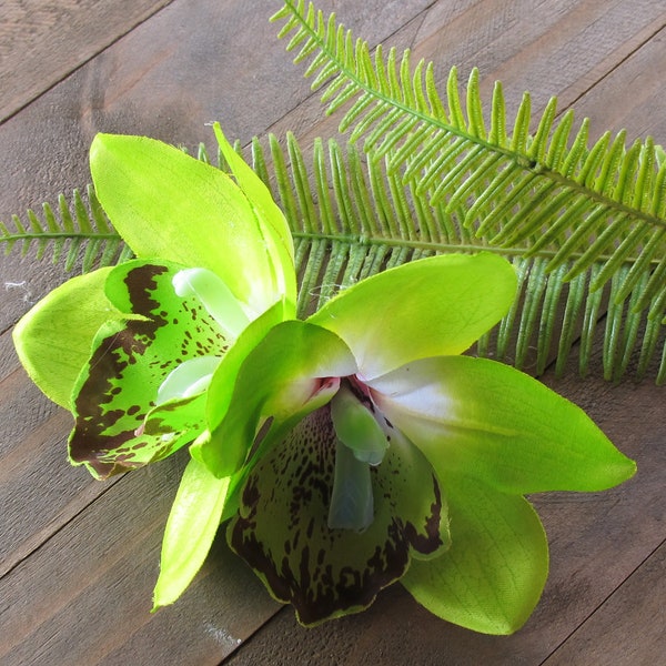 Hawaiian LIME GREEN  double Orchids hair flower clip - weddings-