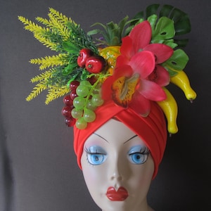 RED TURBAN Tropical Fruits Carmen Miranda style adult and children sizes