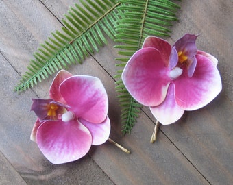 Hawaiian pink bush Orchids SET OF 2 bobby pin flowers hair clips  Weddings -