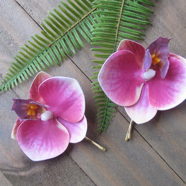 Hawaiian pink bush Orchids SET OF 2 bobby pin flowers hair clips  Weddings -