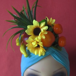 BABY Fruits TURBAN aqua blue color  Carmen Miranda style,tropical, photos