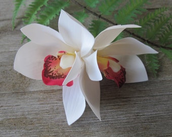 Hawaiian  White  double Orchids hair flower clip