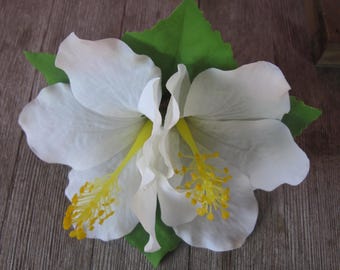WHITE double HIBISCUS hair flower clip - weddings- PR flowers, Hawaiian