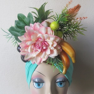 Fruits Tropicaux TURBAN Bébés 18 -24 mois AQUA BLUE couleur Carmen Miranda style, tropical, photos