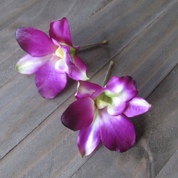 Purple White SET OF 2 hawaiian Dendrobium Orchids bobby pins,  hair flowers,  Wedding, beach party,tiki,bridal,silk flowers