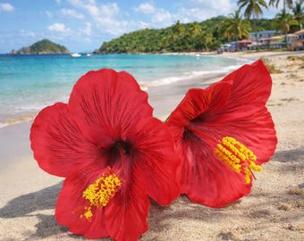 Tropical Hawaiian  RED Hibiscus hair pin flower set of 2  pins , Maga PUERTO RICO flowers,Hawaii State Flower