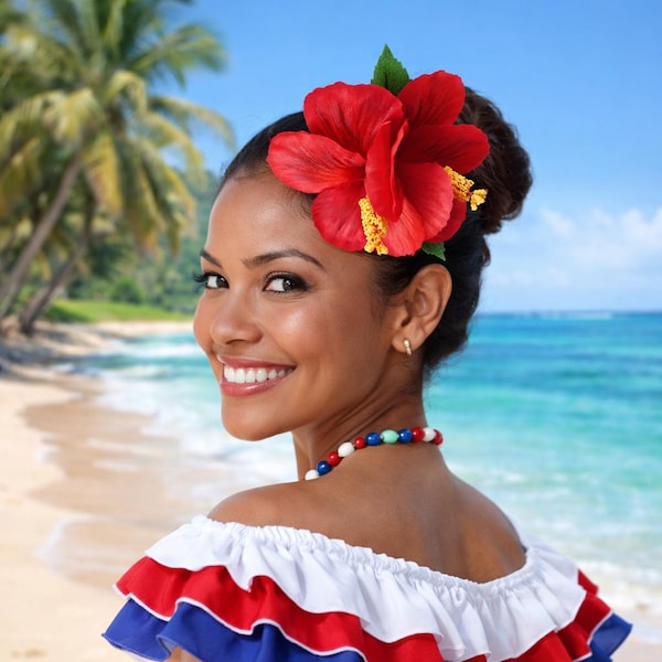 RED double HIBISCUS hair flower clip - weddings- PR flowers, Hawaiian