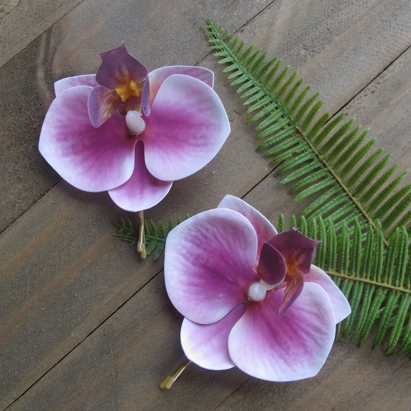 Hawaiian PINK WHITE  Orchids SET of  2 bobby pins flowers hair clips  Weddings -