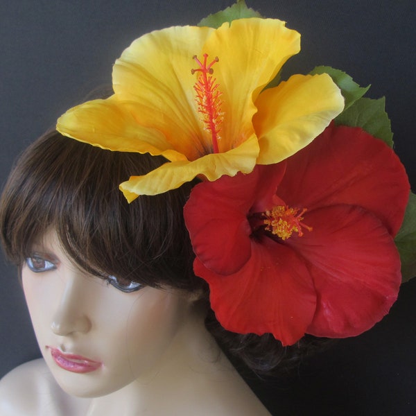 Tropical Hawaiian huge hibiscus RED or YELLOW hair pin ,weddings, tiki, luau, beach, maga PR