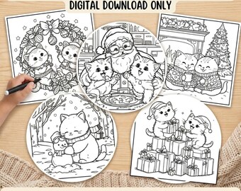 Kawaii Cat Coloring Pages, 5 Cozy and Easy Designs for Kids & Adults, Square Format, Instant Digital Download, Cute Santa Cat Coloring Set