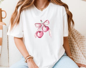 Cherry Bow T-Shirt, Softstyle Cotton Tee, Summer Fashion