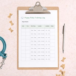 May include: A clipboard with a printed "Puppy Potty Training Log" form, a silver pen, and dog treats. The form has sections for date, time, and location, with checkboxes for "Pee/Poop" and "Accident". A teal dog leash is visible.