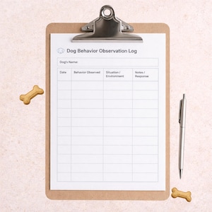 Könnte beinhalten: Ein Klemmbrett mit einem gedruckten Formular "Dog Behavior Observation Log", einem silbernen Stift und zwei knochenförmigen Hundeleckerlis. Das Formular hat Abschnitte für Datum, beobachtetes Verhalten, Situation und Notizen.