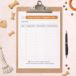 May include: A clipboard featuring a "Dog Anxiety Triggers Log" form, with sections for recording a dog's anxiety triggers. The form includes spaces for date, trigger, signs, and notes. A black pen and dog treats are also visible.
