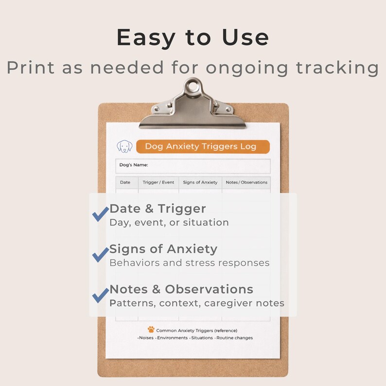 Dog Anxiety Triggers Log Printable | Behavior and Care Tracking Sheet ...