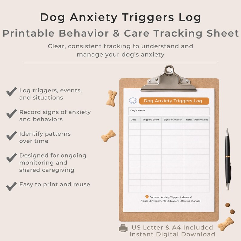 Dog Anxiety Triggers Log Printable | Behavior and Care Tracking Sheet ...