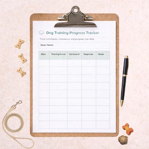 Può includere: Un portablocco con un modulo stampato "Dog Training Progress Tracker", una penna nera, dolcetti per cani e un guinzaglio. Il modulo include campi per tenere traccia dei comandi, della coerenza e dei progressi. Il portablocco ha una clip metallica nella parte superiore.