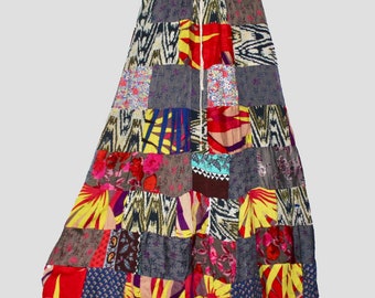Patchwork Hippie Long Skirt -Kimono Fabric Drawstring