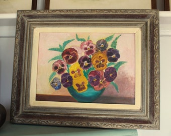 Pansies Oil Painting 16 x 20" in Weathered Wood Frame