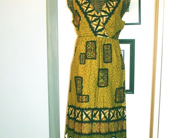 Penneys Hawaii Barkcloth Maxi Dress 1960s SZ M/S  - Empire Waist  100% Cotton - Green Gold Black Brown Orange
