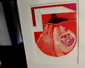 Wendy Hatch Abstract Etching Print  1972 Aquatint Limited Small Edition Skeleton Woman Moon Crocodile