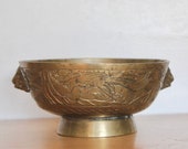Chinese Brass Censer Bowl 7.5 quot w Foo Dog Lion Handles - Incised Dragon- Ming Xuande Reign Mark _ Old Vintage or Antique Incense Burner