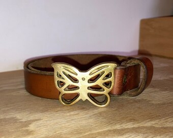 1970s Leather Belt Sz 26 Brass Butterfly Buckle  Made in Taiwan