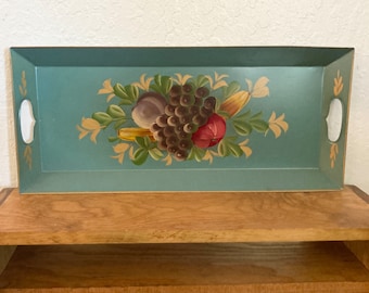 Vintage 21.5" Tole Tray Metal Robin Egg Blue & Fruit  Hand Painted - Long Rectangular