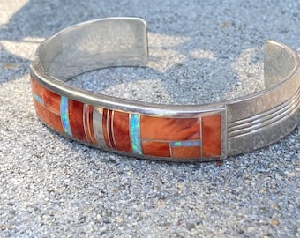 James Lee Navajo Inlay Cuff Bracelet 925 Sterling Opalite & Spiny Oyster