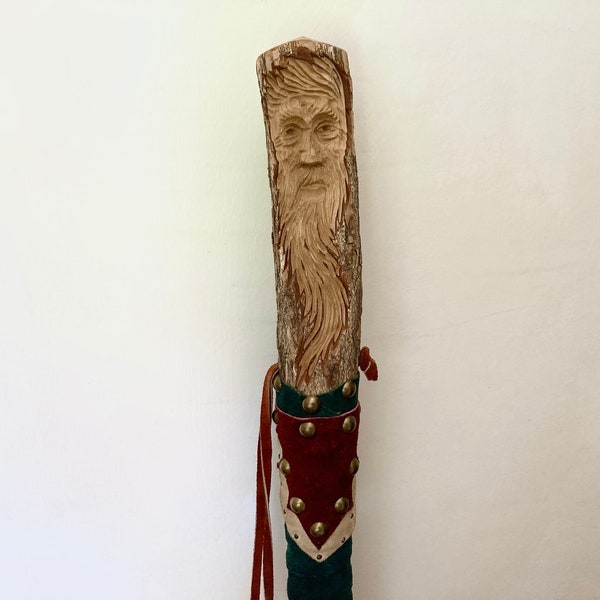Woodspirit Walking Stick  - Handmade Carved 59" Cane Brass Studes Wrapped Suede Leather in Magenta, Dark Rust, Cream, Forest Green