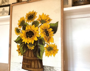 1980 Sunflower Reverse Glass Painting 25T" Signed Terry