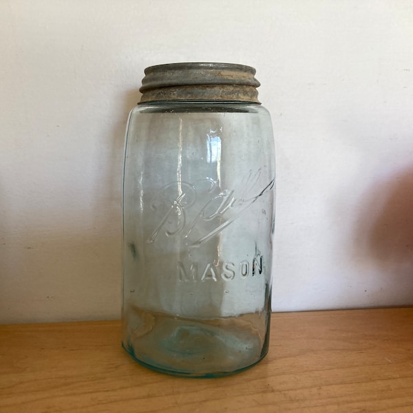 1900-1910 Triple L Logo Light Aqua Ball Mason Jar #5 inside Rim/Neck - Deformity - 3 Raised Bumps on Bottom