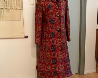Vintage 1970s Dark Red Tapestry Midi Coat from Garfinckel's
