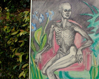 Woman Drawing Skeletal Anatomical Framed 30 x 20"  Charcoal & Pastels - Signed Dated 1987