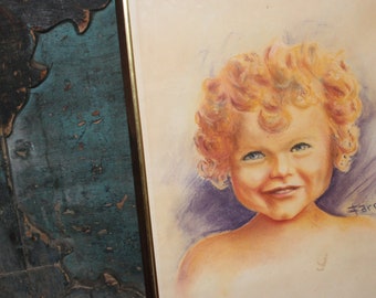 1949 - Curlylocks Pastel Drawing Girl Portrait Framed Signed Farrell