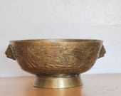 Chinese Brass Censer Bowl 7.5 quot w Foo Dog Lion Handles - Incised Dragon- Ming Xuande Reign Mark _ Old Vintage or Antique Incense Burner